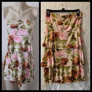 Body Central Strapless Floral Tiered Dress in Pink, Olive & Brown